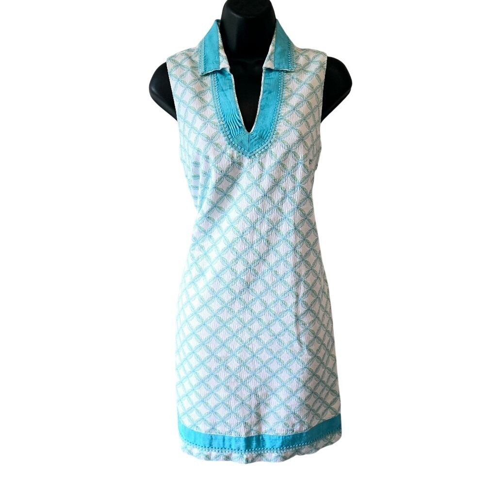 Turquoise Seersucker Geometric Print Sleeveless Shift‎ Dress V-Neck Trim